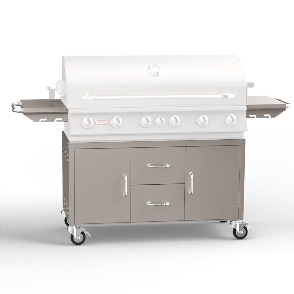 Grill cart with open lid, front doors, and control knobs on the grill