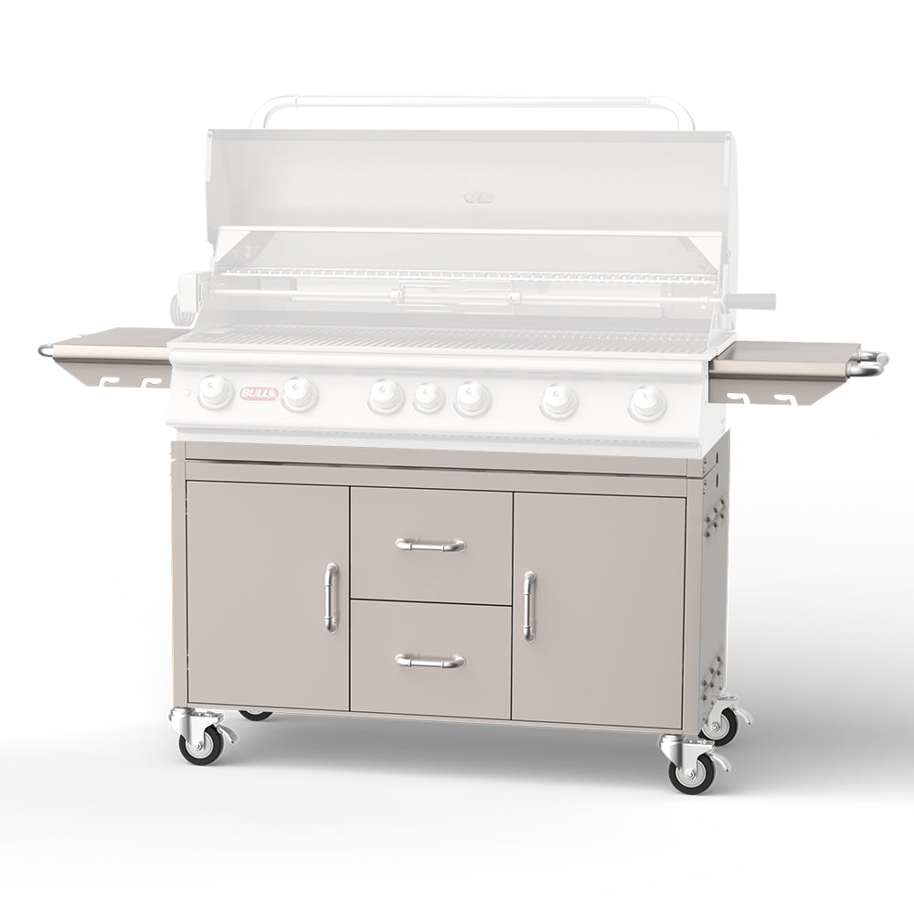 Grill cart with open lid, interior grilling surface, and caster wheels