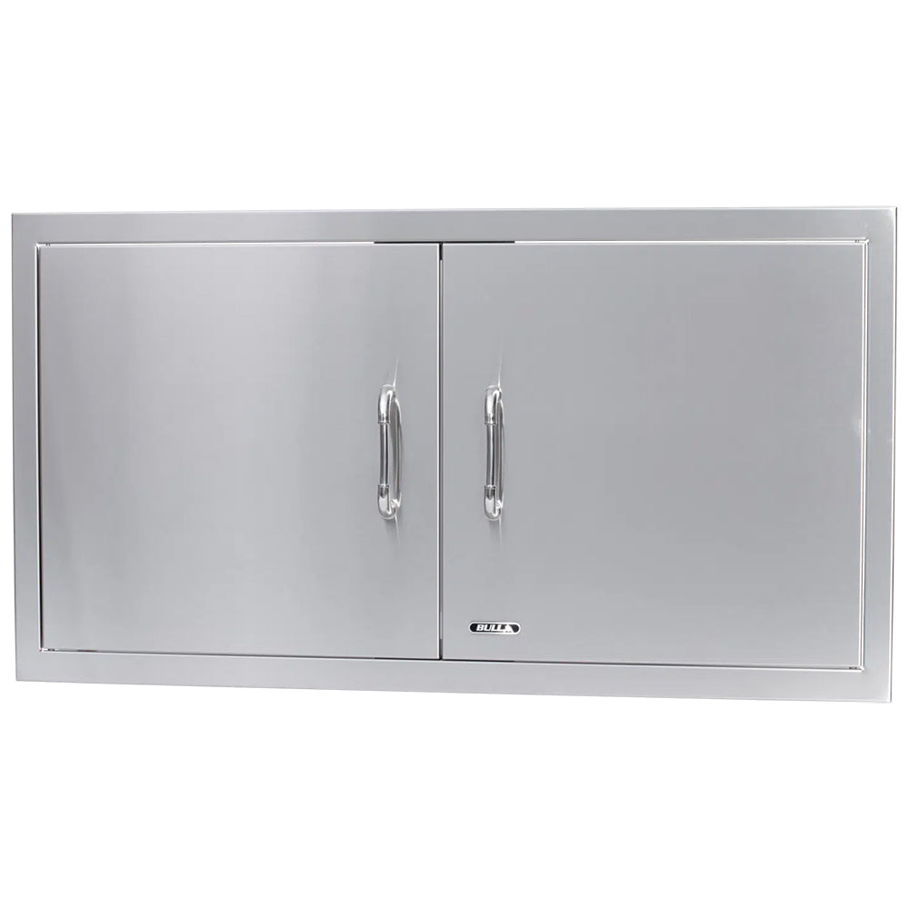 Silver double access door with two vertical recessed pulls and center latch