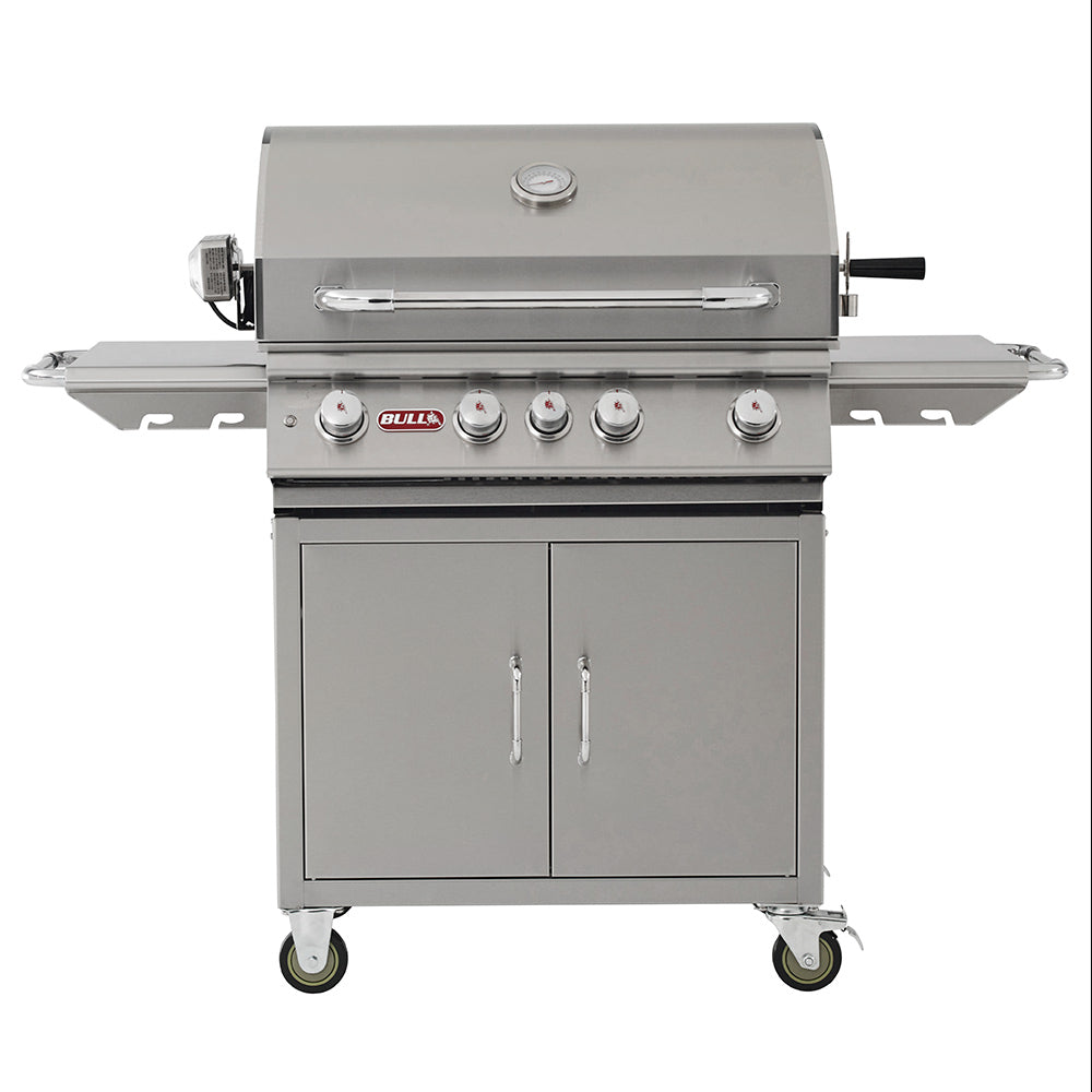 30-inch BBQ grill on wheeled cart, stainless steel, front control knobs and closed lid
