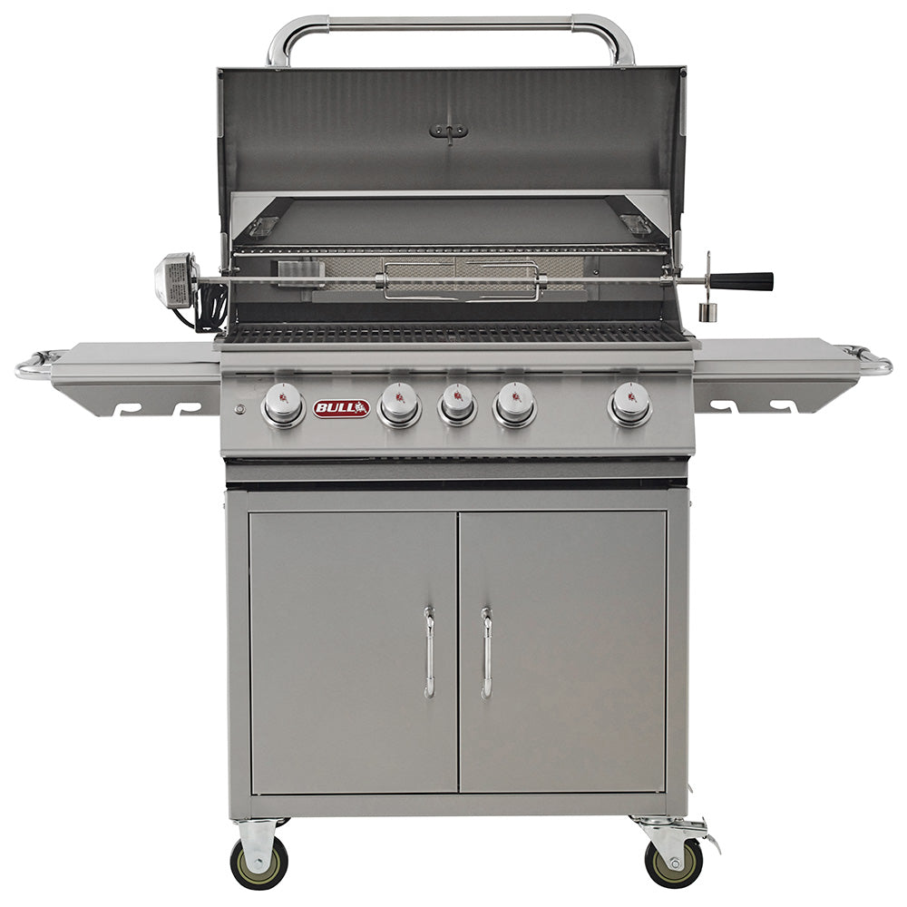 30-inch BBQ grill on cart with lid open, cooking grates and front burner controls