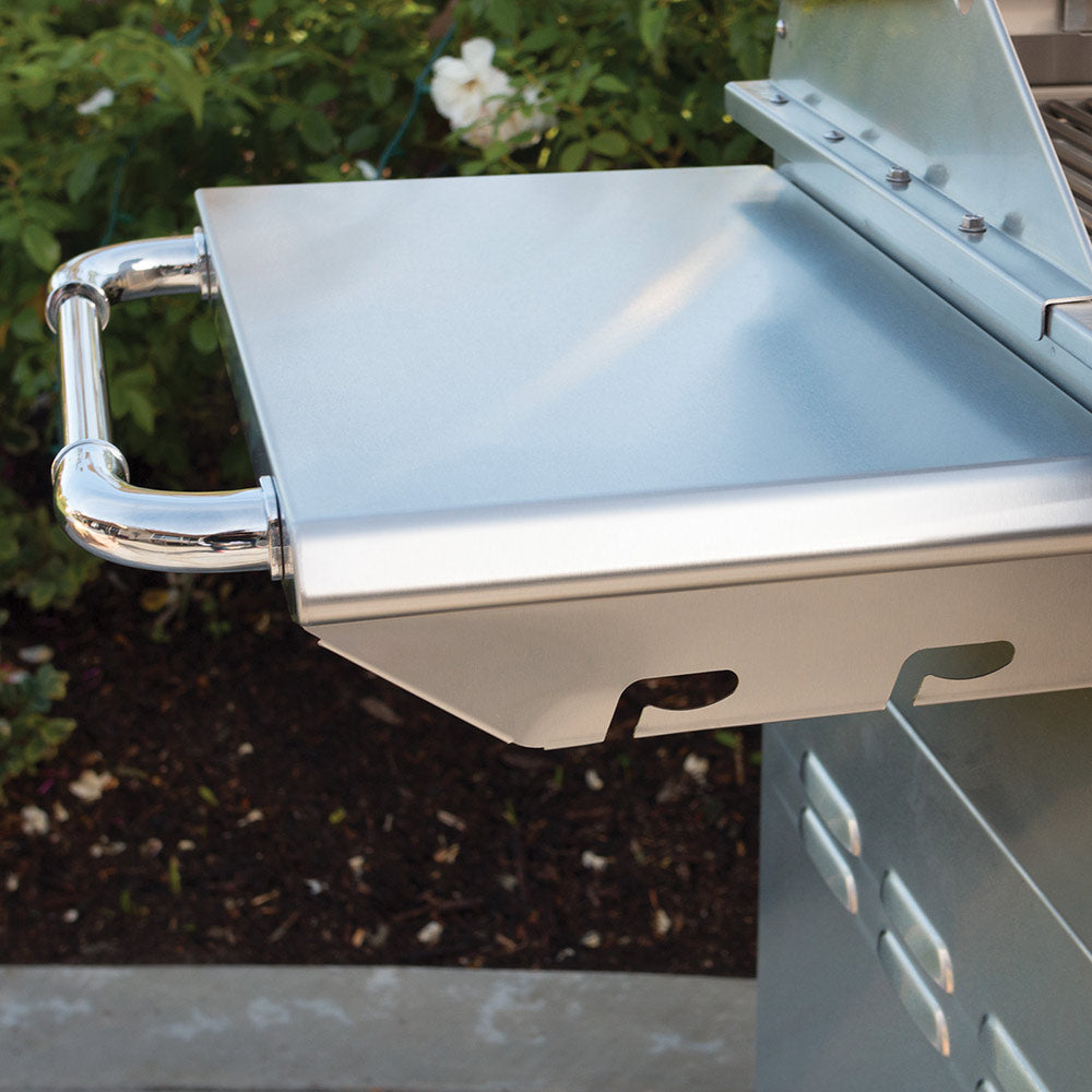 BBQ grill side shelf with hinged stainless flap, mounted on cart