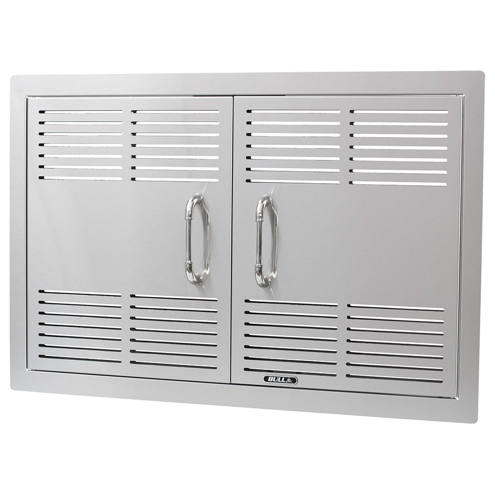 Dual access vented double door with louver panels and two chrome handles