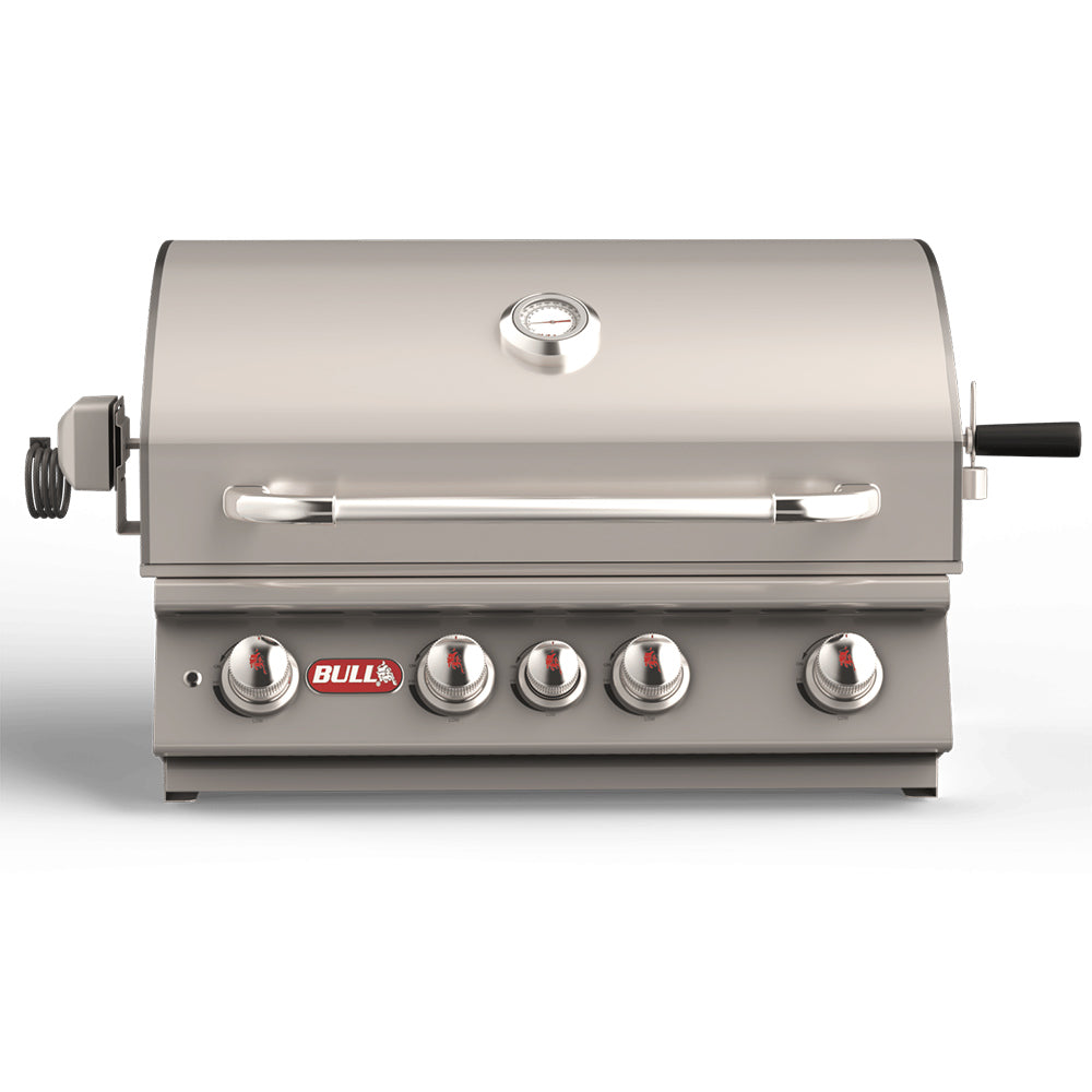Stainless steel built-in 30-inch gas grill with lid and control knobs