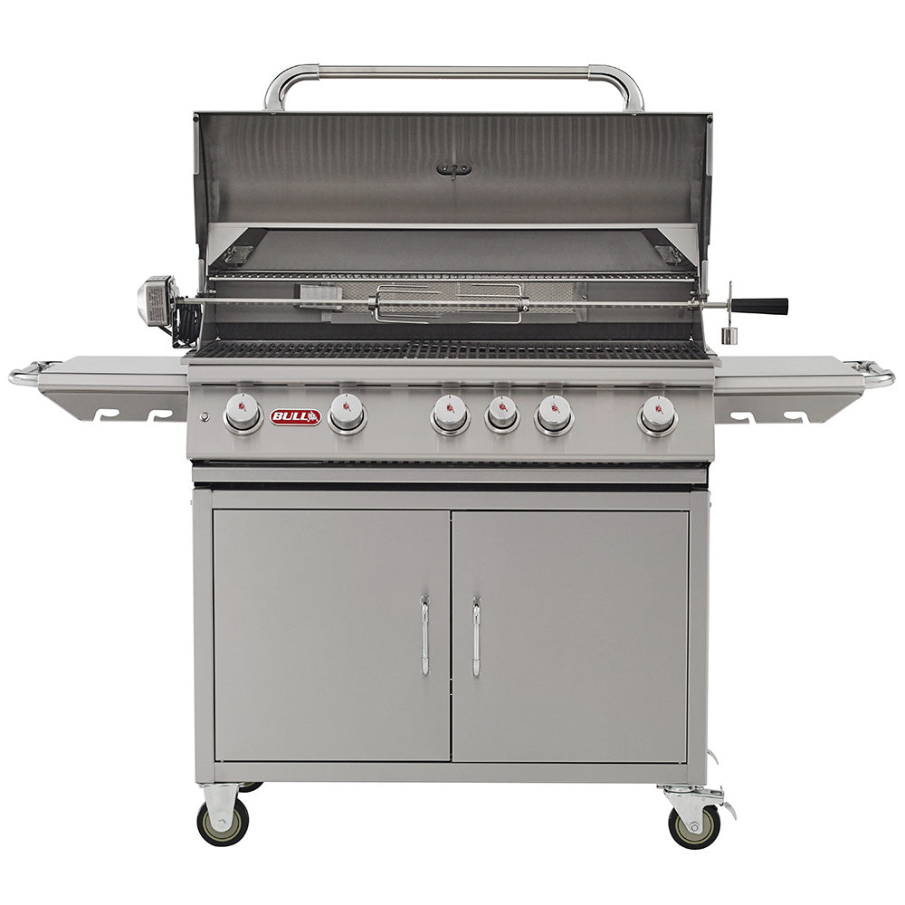 Gas grill on cart with open lid, grates visible, and control knobs