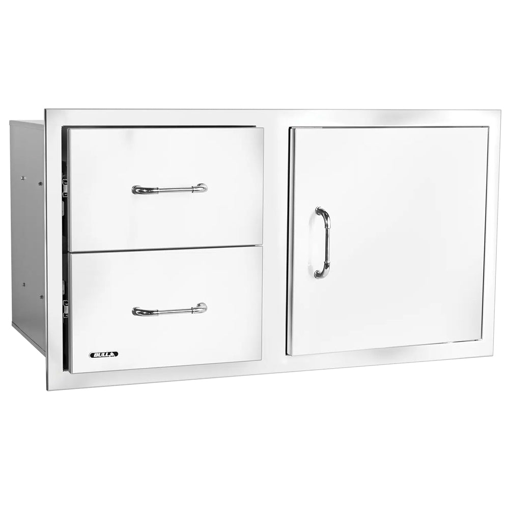 Access door with two drawers combo, two-panel cabinet with silver handles