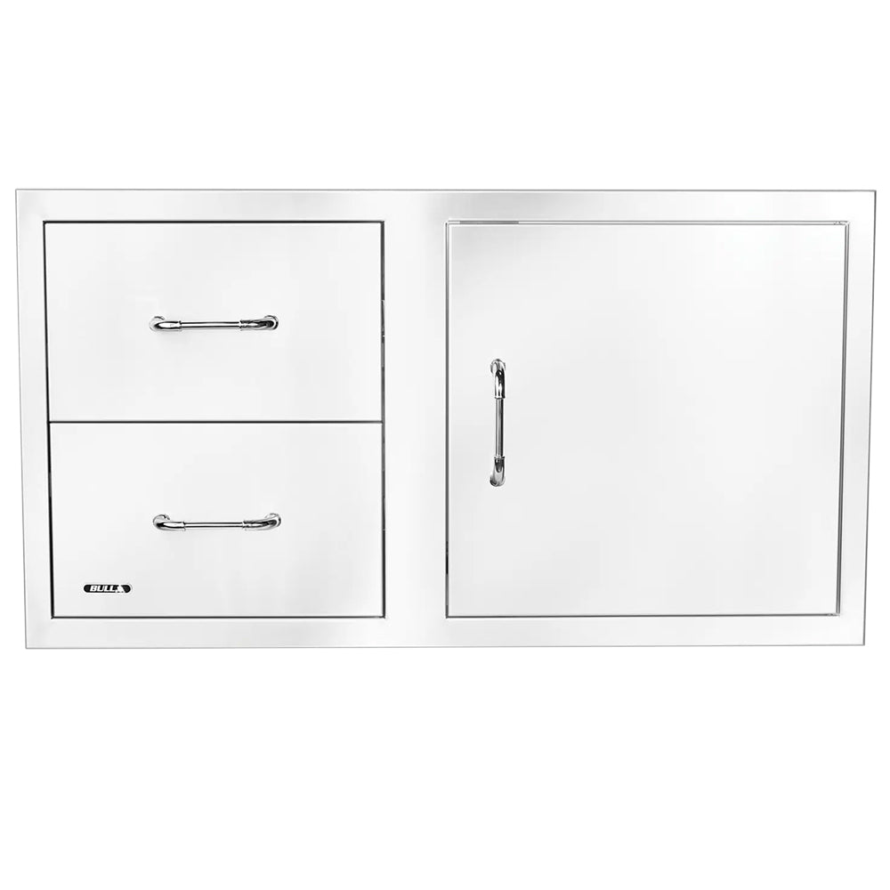 Two-drawer access door combo with cabinet door and long silver pull handle