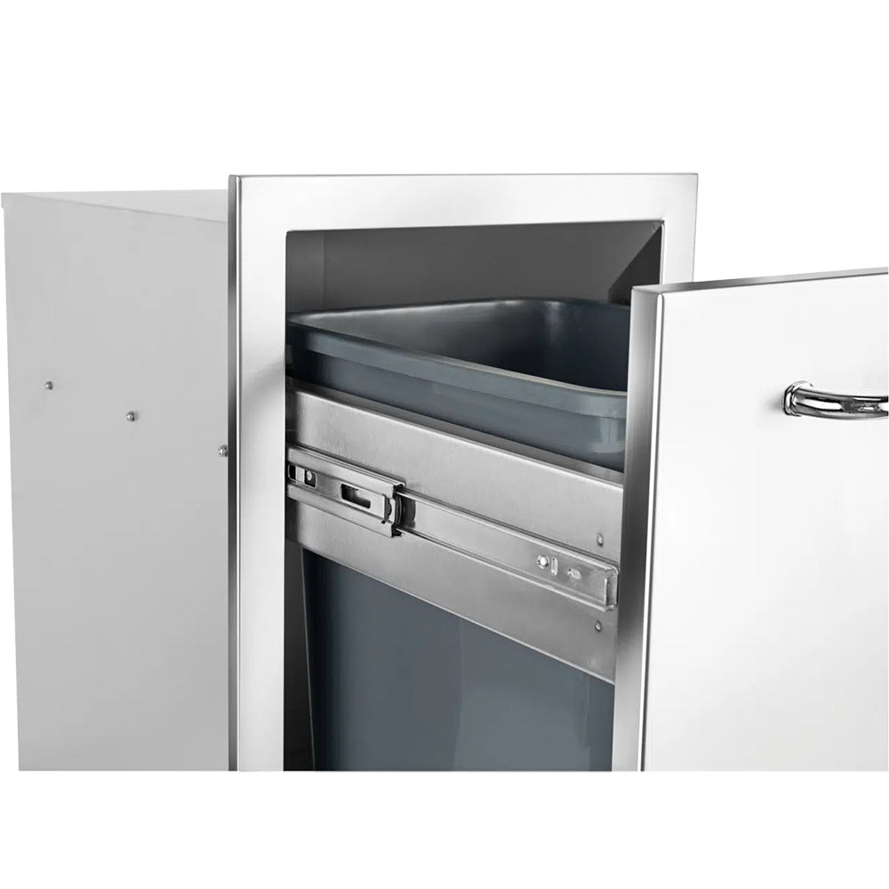 Open stainless steel trash drawer showing gray inner bin and pullout handle