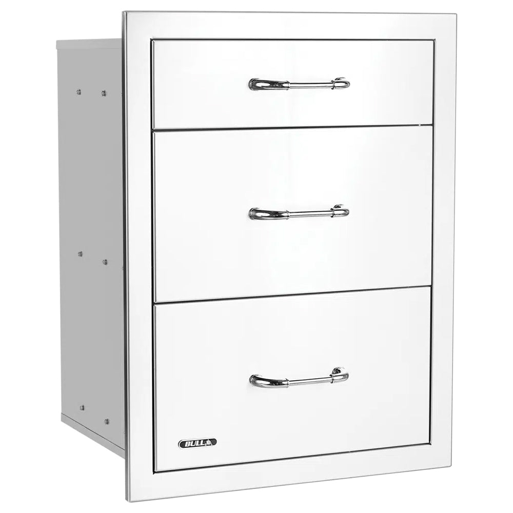 Bull triple drawer system with three white drawers and chrome pull handles