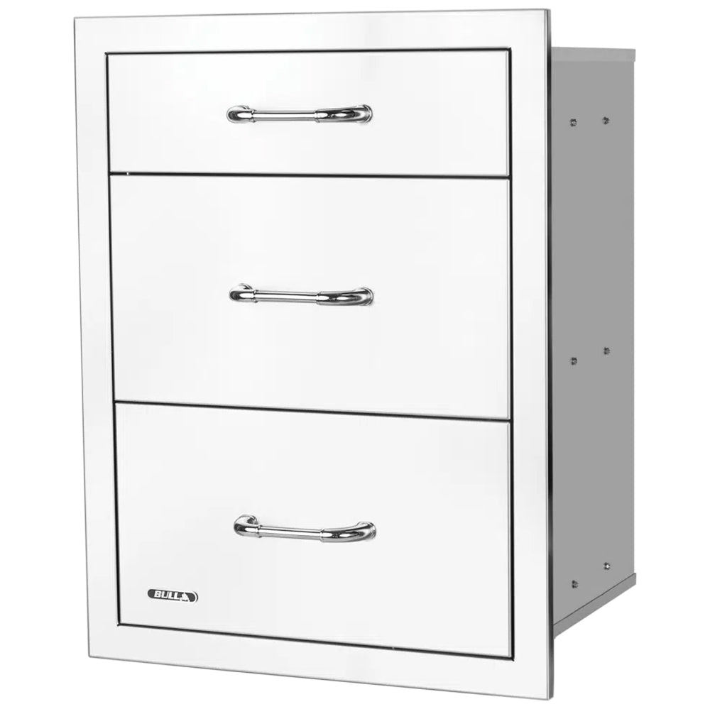 Triple drawer system with three white drawers and chrome bar handles, angled view