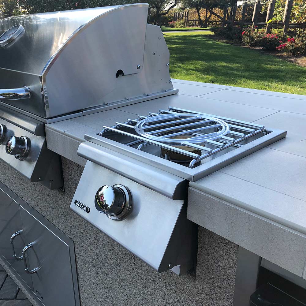 Single side burner grill section with open lid, grate, and control dial