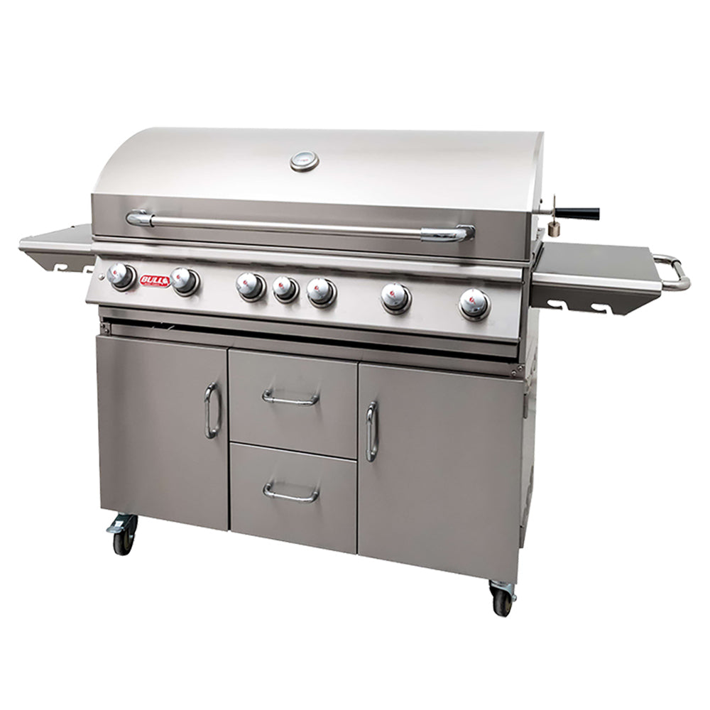 Stainless steel gas grill with side shelves, cart doors, and caster wheels