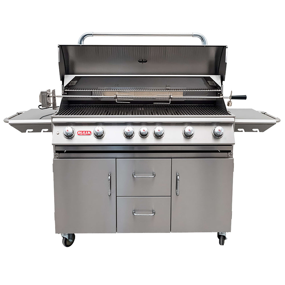 Open stainless steel gas grill with lid, warming rack, and front control panel