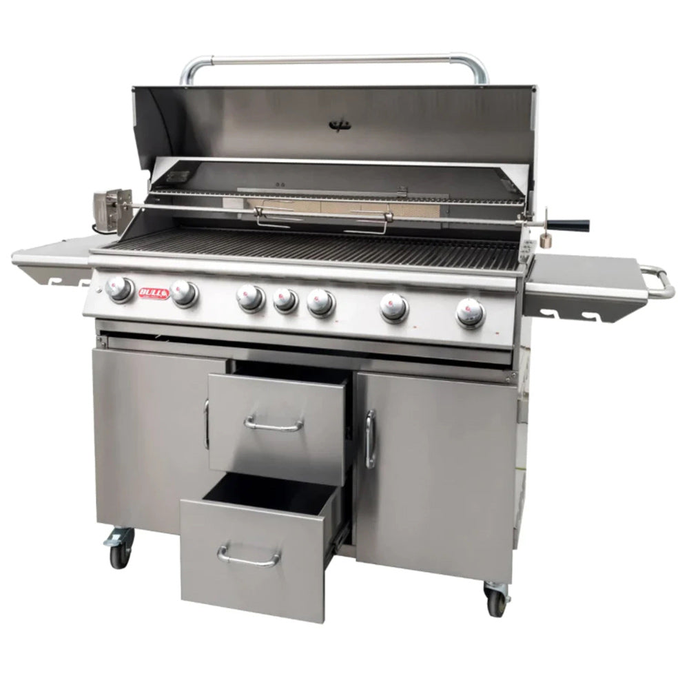 Open stainless steel gas grill with side handle, warming rack, and cart drawers