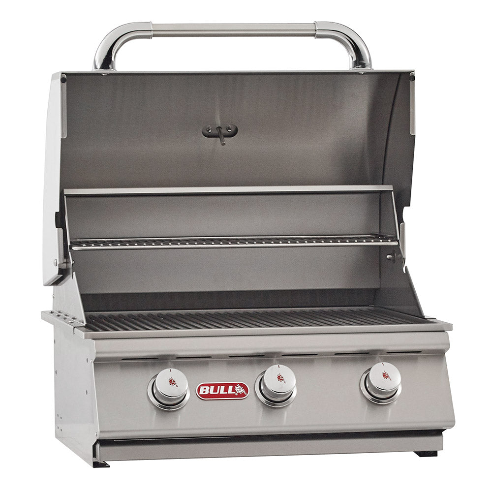 Open stainless 24-inch 3-burner built-in gas grill with burner tray and grates