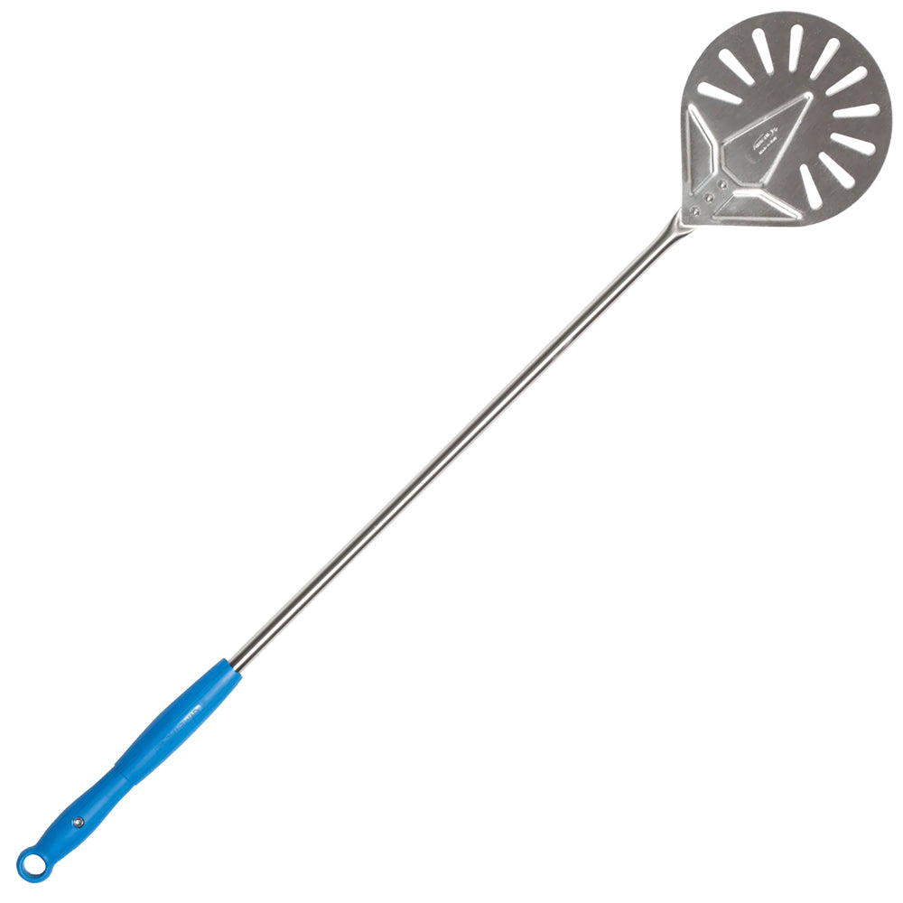 Small pizza turner peel with round metal disc and blue handle