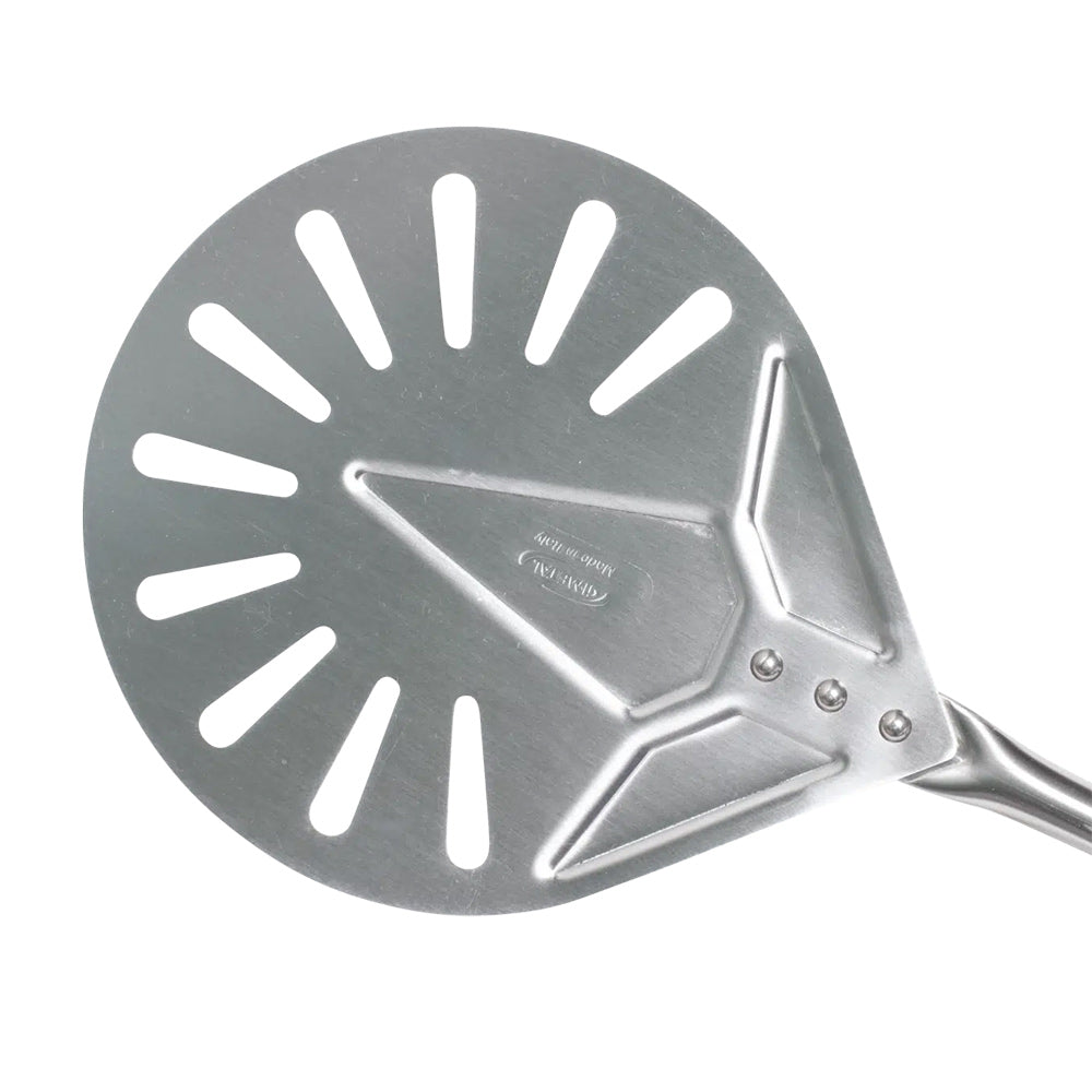 Round metal pizza turner peel head with perforations and angled handle
