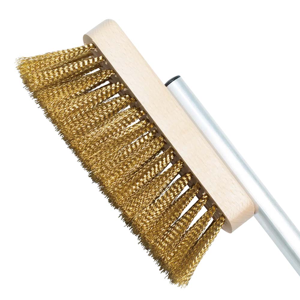 Pizza oven brush bristles with brass bristle head on short wooden block