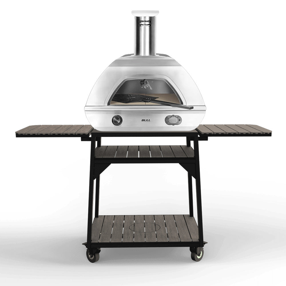 Stainless pizza oven on wheeled cart with side tables and open oven chamber