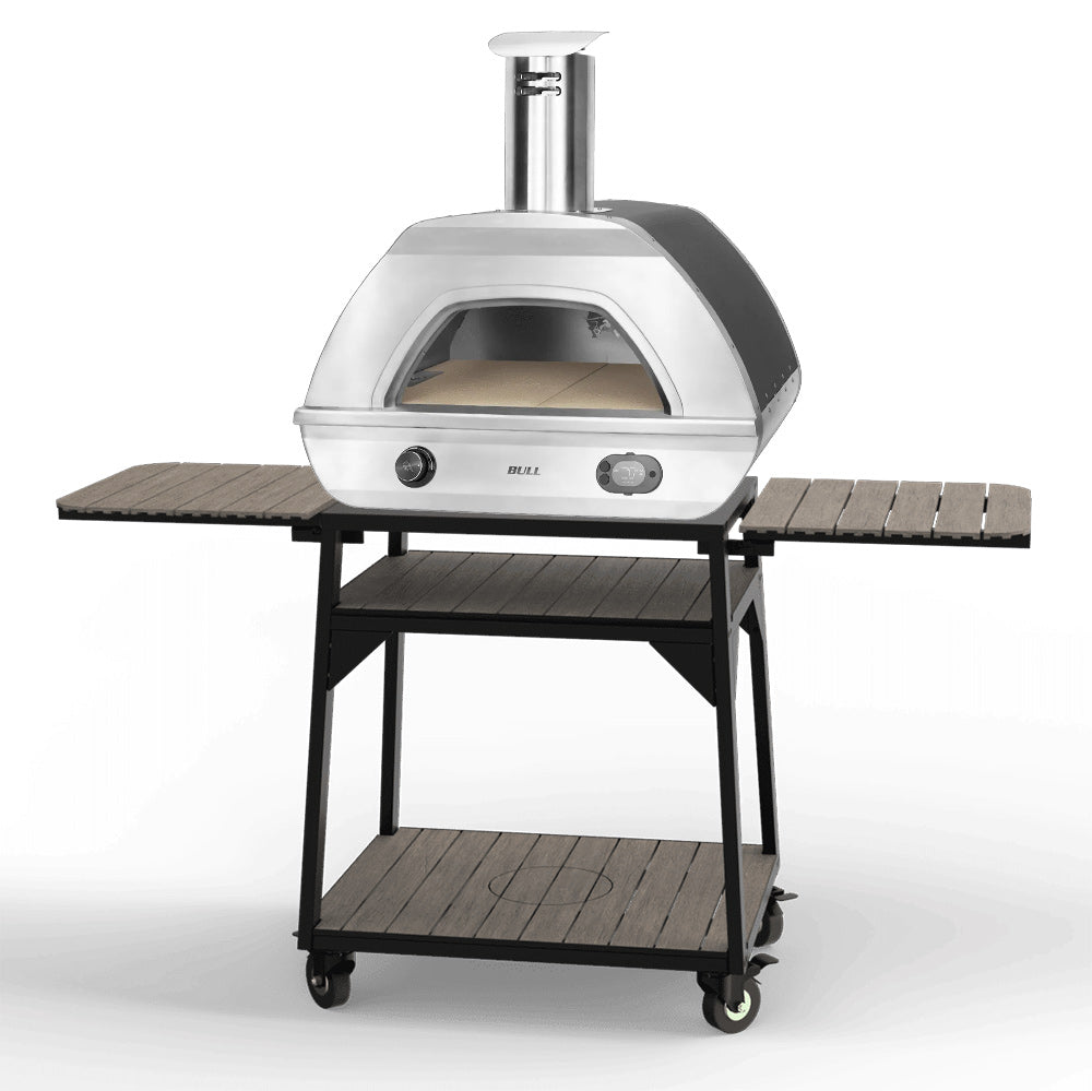 Stainless pizza oven on wheeled cart with hood opening and side prep surfaces