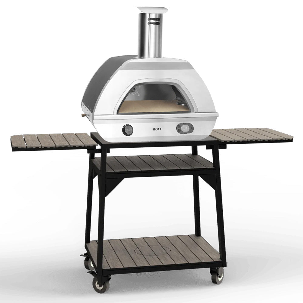 Stainless pizza oven on wheeled cart with front controls and open oven window