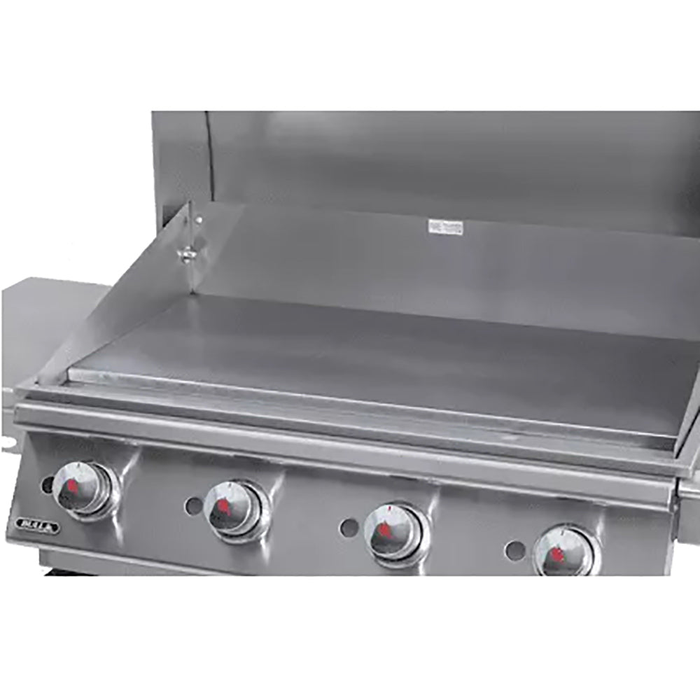 Commercial griddle cooking surface with three front control knobs and open hood