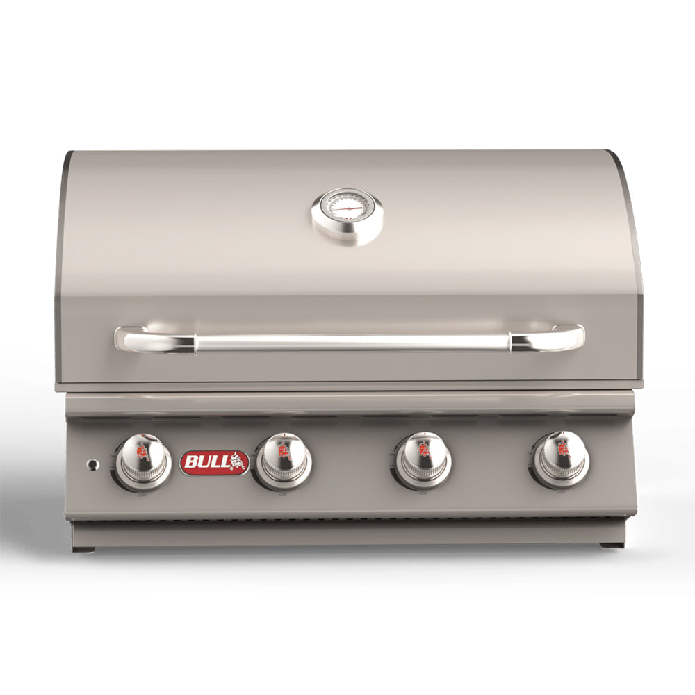 Stainless steel built-in grill with lid, handle, and four control knobs