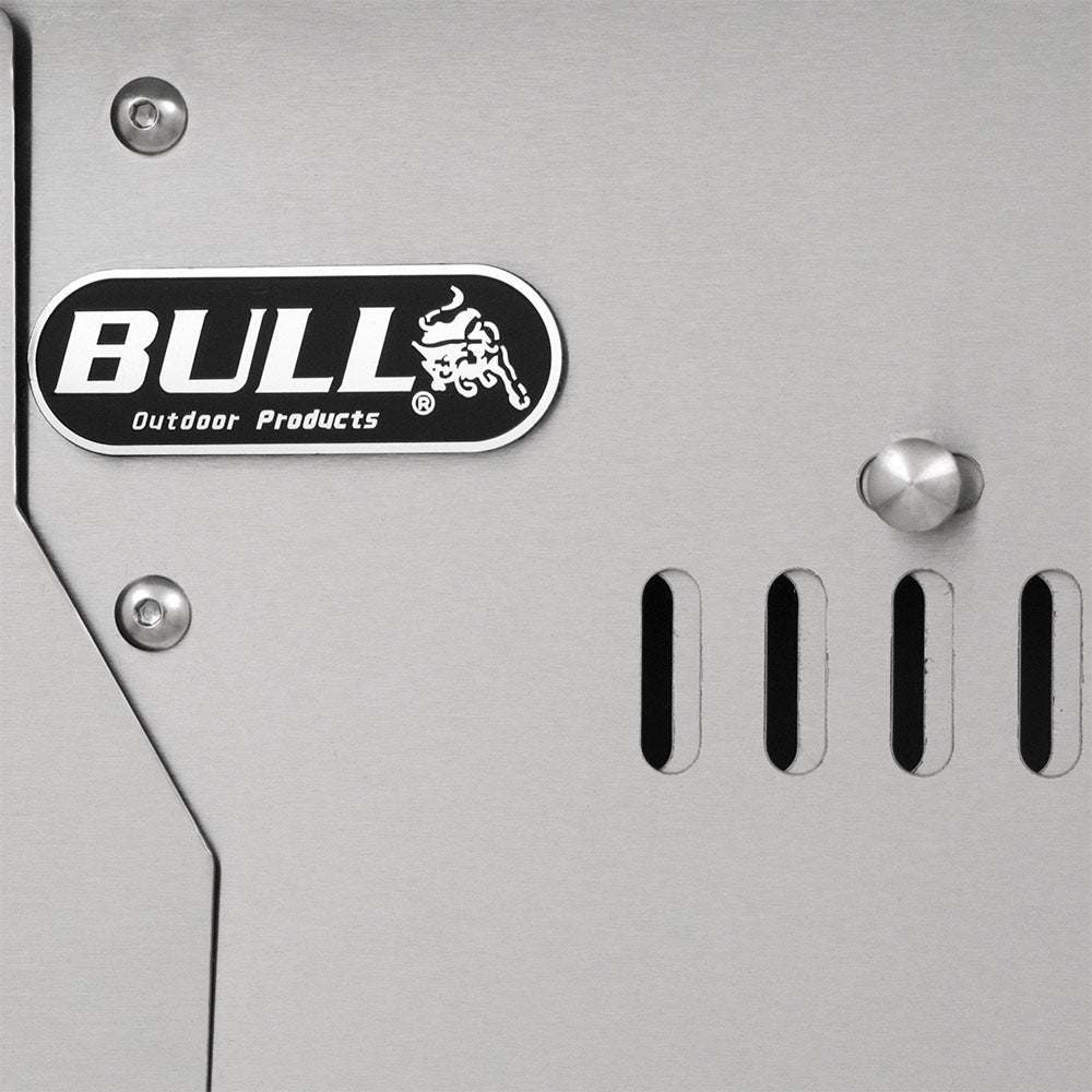 Bull Outdoor Products logo on stainless grill front with air vent openings