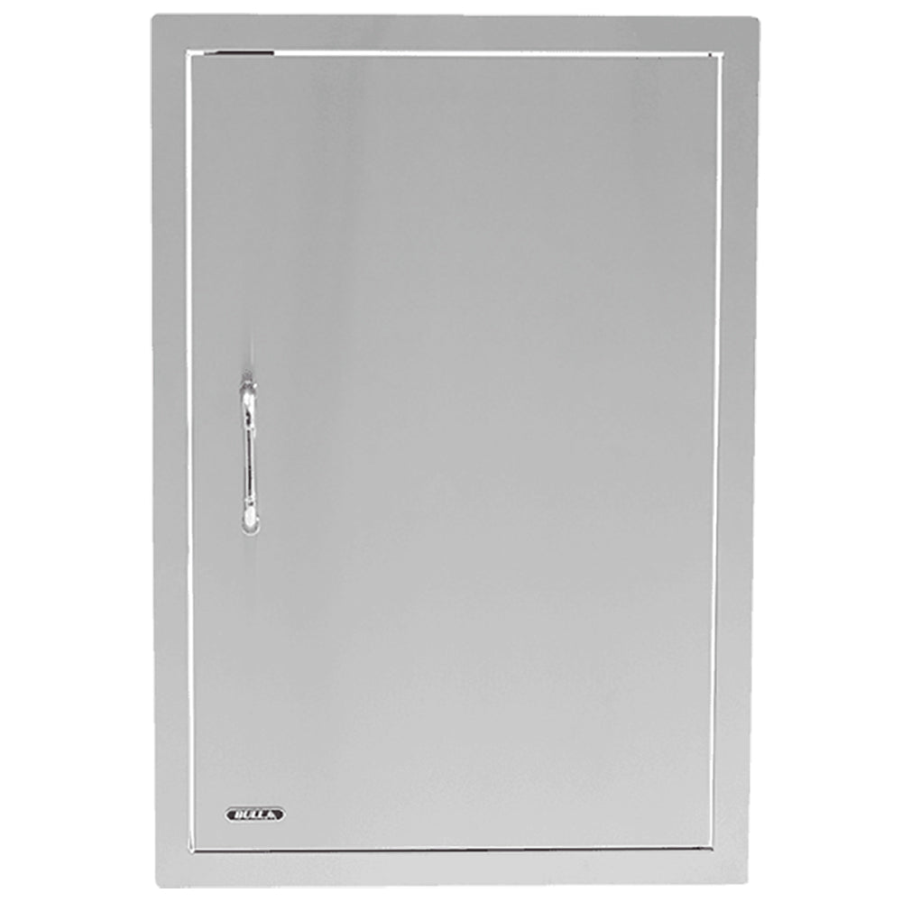 Stainless steel vertical door panel with latch and small key ring, hinged frame