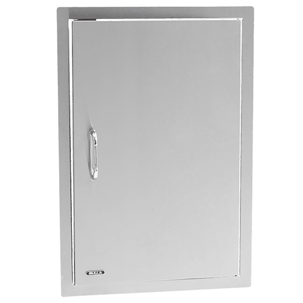 Stainless steel vertical access door with metal latch handle on left side