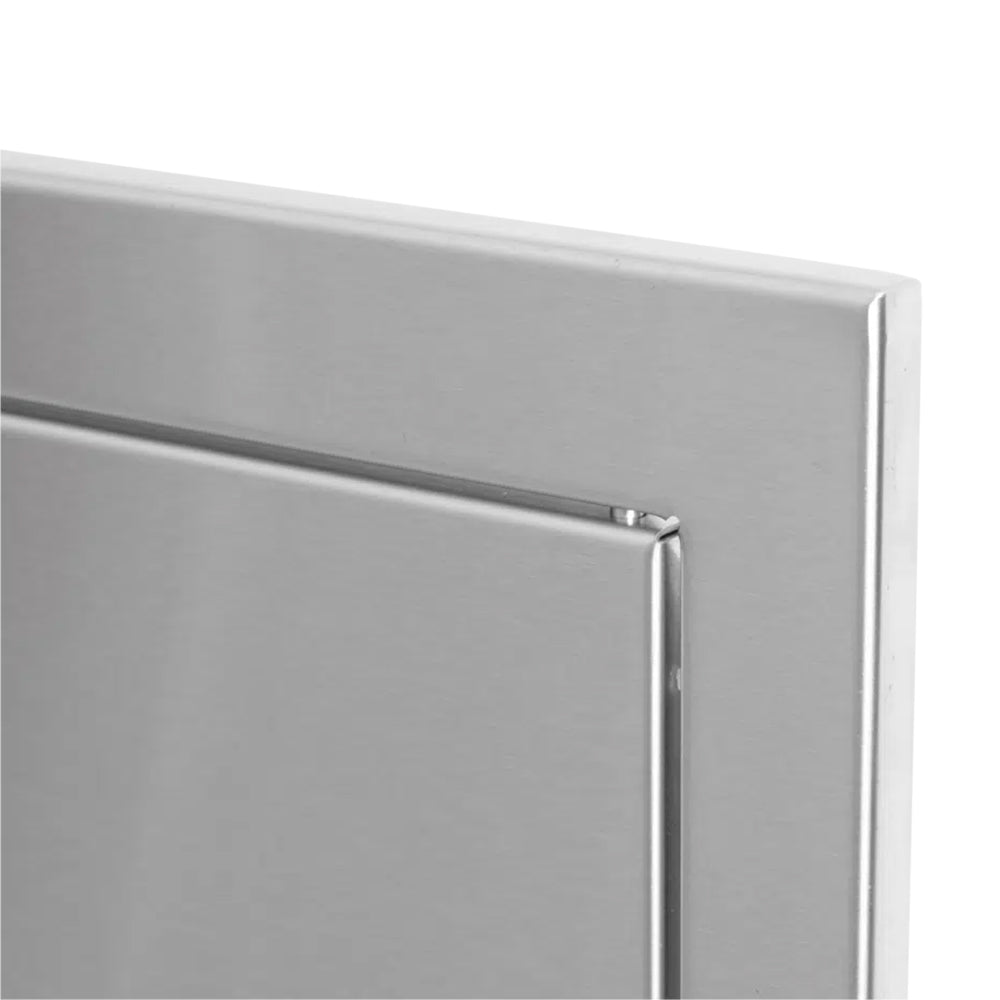 Vertical access door top edge with latch bar and silver frame
