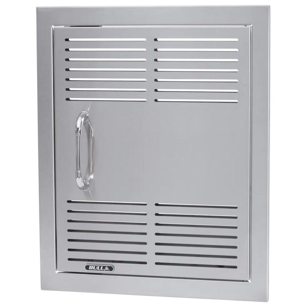 Square stainless vent door with horizontal louvers, left handle, and Bull logo