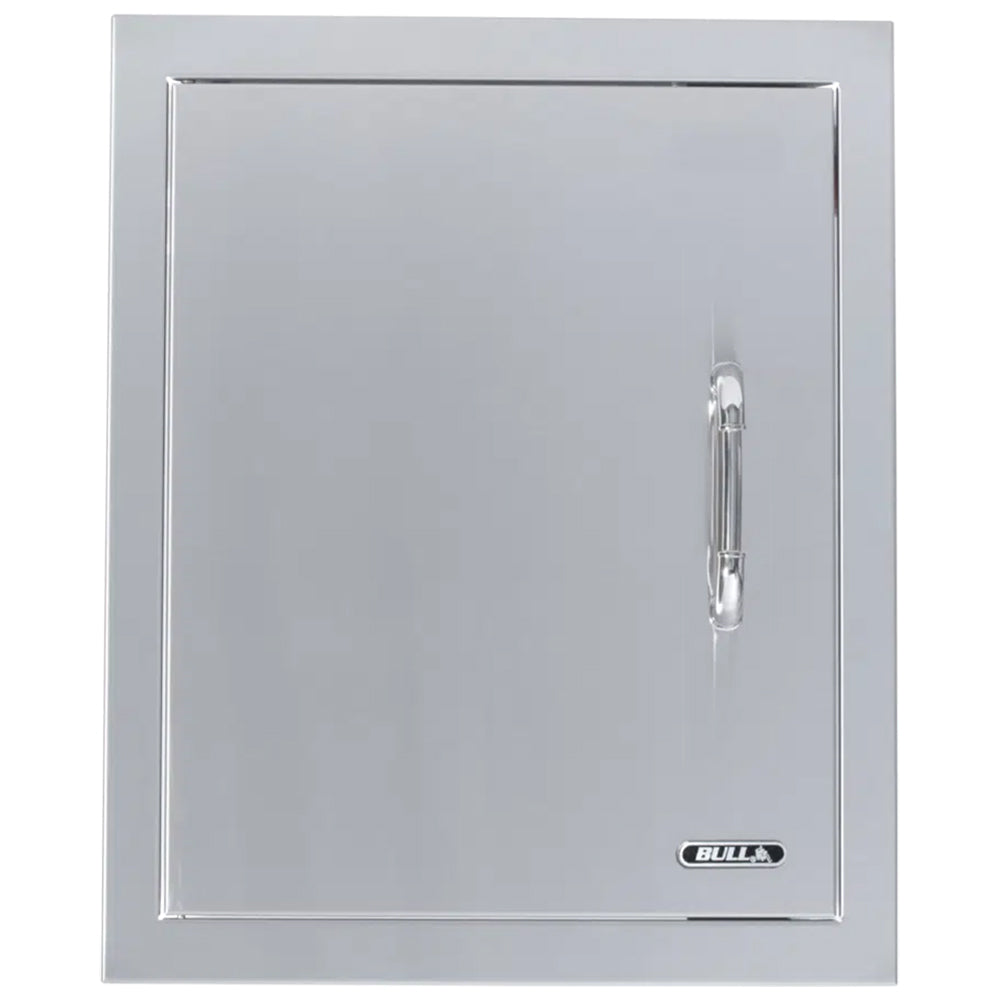 Left-hinge vertical access door with silver frame, centered latch handle, Bull logo