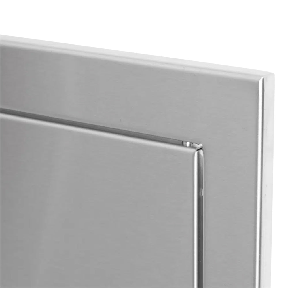 Vertical access door frame corner close-up with inset seam and top edge