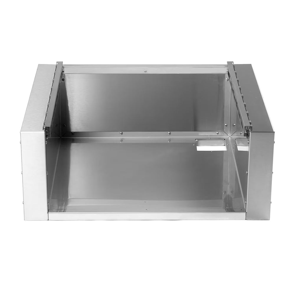 Stainless steel insulating jacket enclosure with open interior and mounting brackets