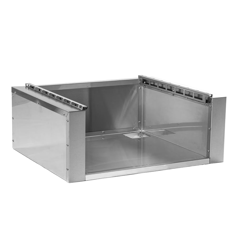 Rectangular stainless steel insulating jacket housing, angled view with open interior