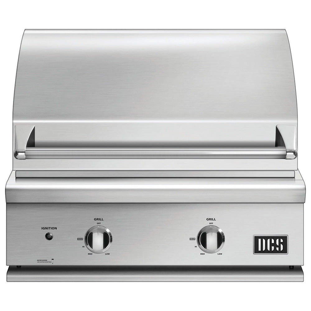 Built-in gas grill with stainless front panel, two burner knobs, and lid hood