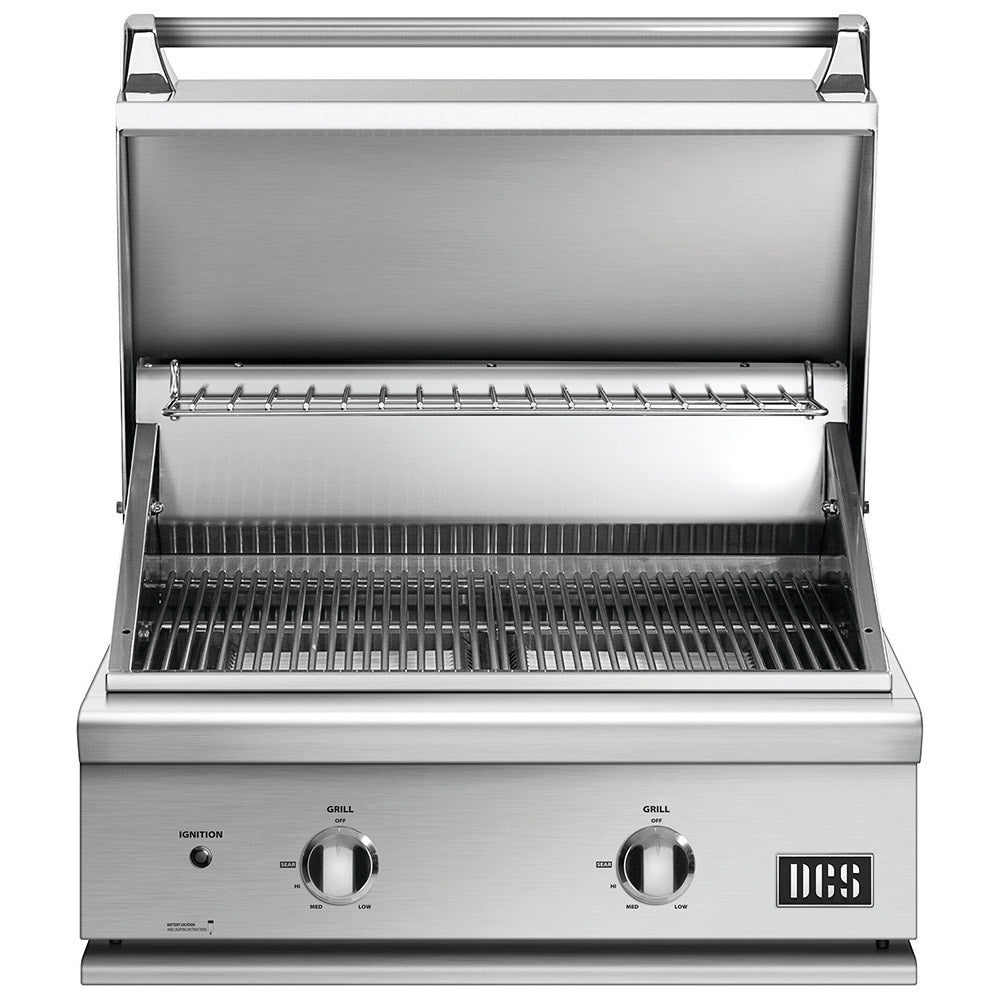 Built-in gas grill with open lid, cooking grates, and stainless interior cooking surface