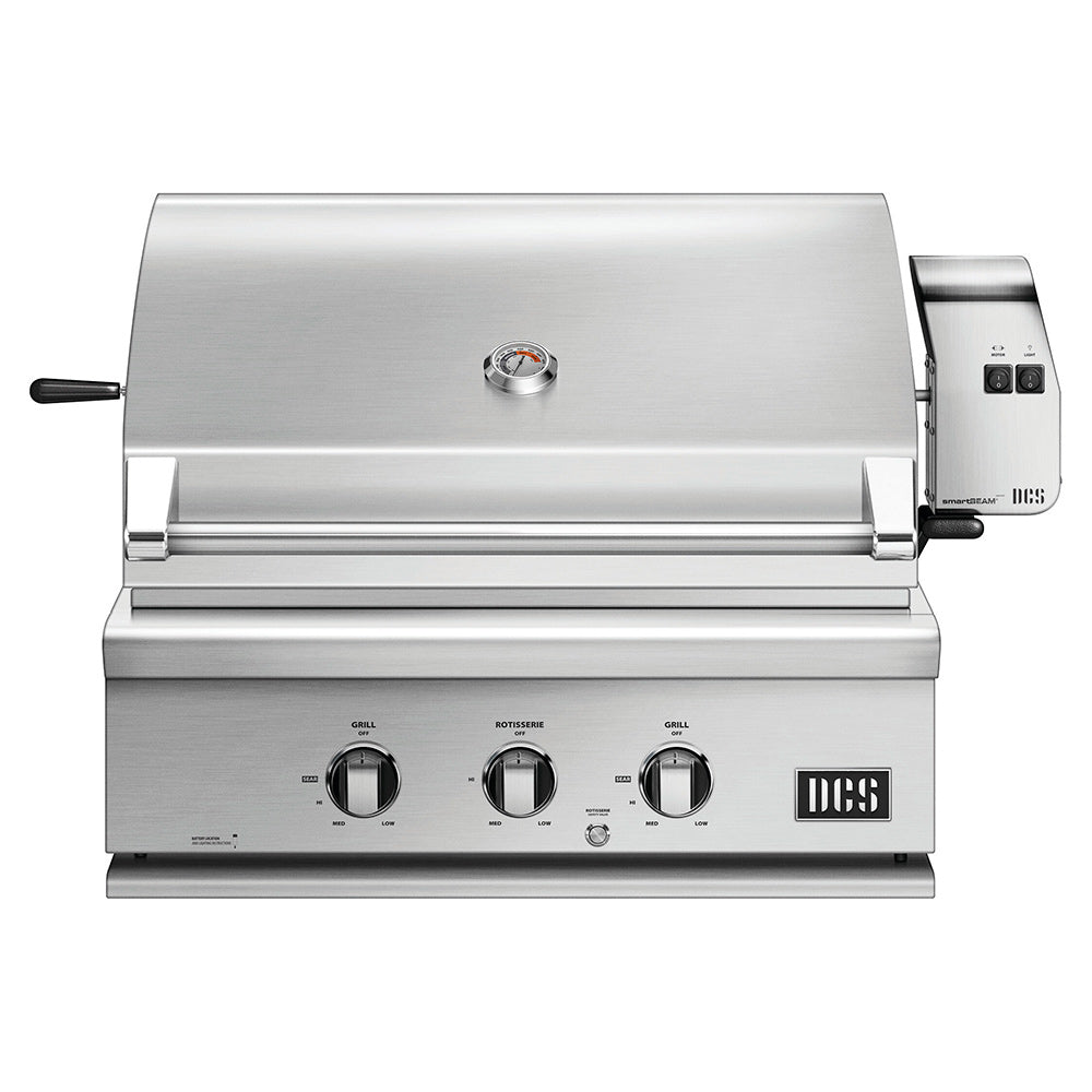 30-inch built-in gas grill with closed lid and front control knobs, stainless steel