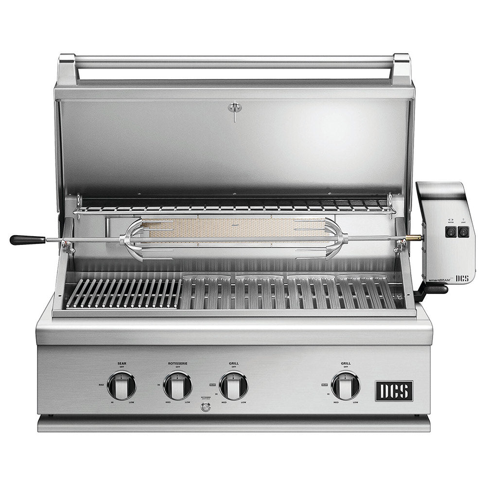 Stainless steel built-in gas grill with lid open, rotisserie rod and burners visible