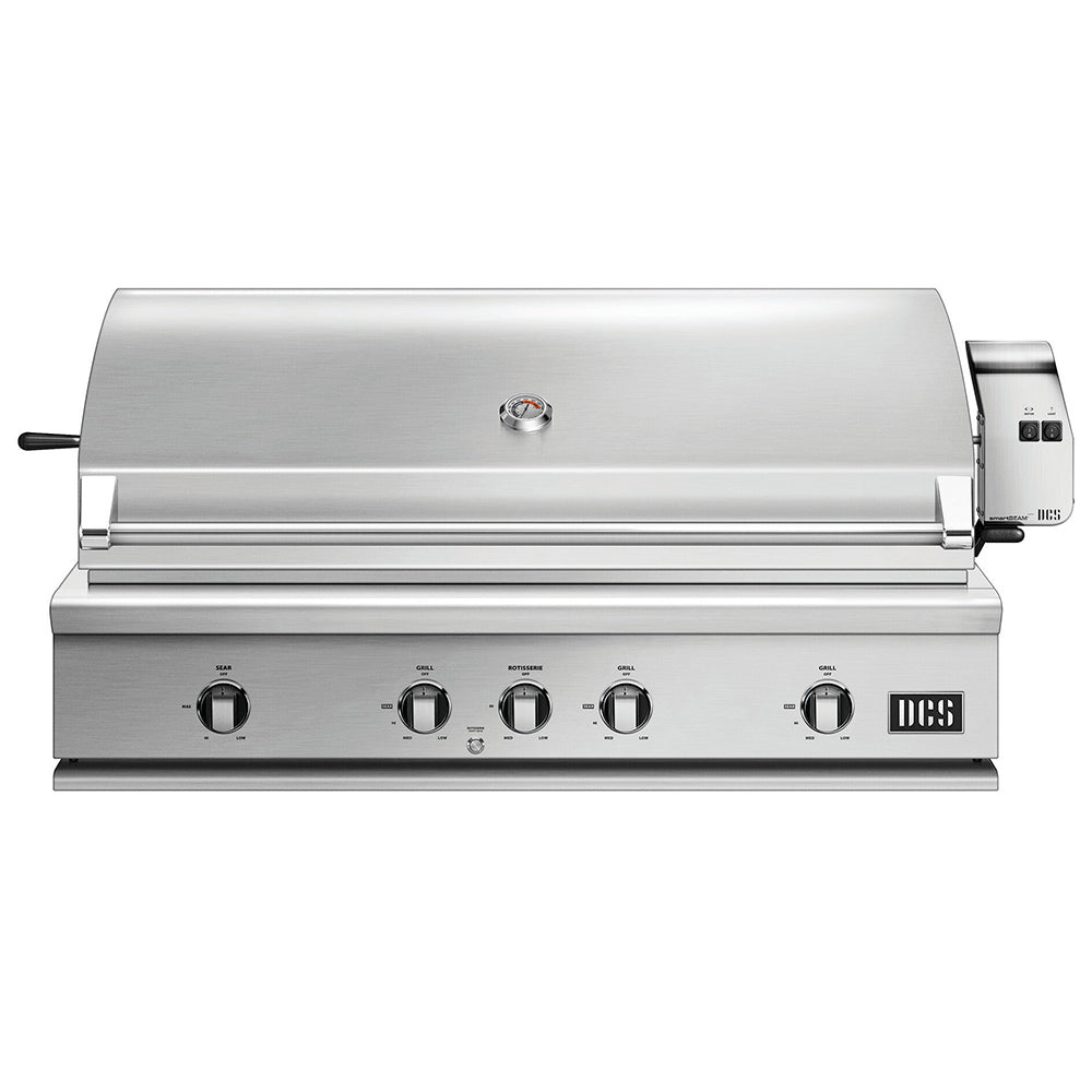 Stainless steel built-in gas grill with front control knobs and side handles
