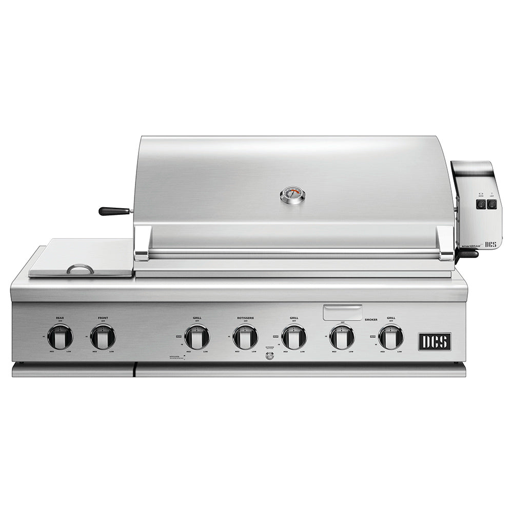 Stainless steel built-in gas grill with side burner and control knobs