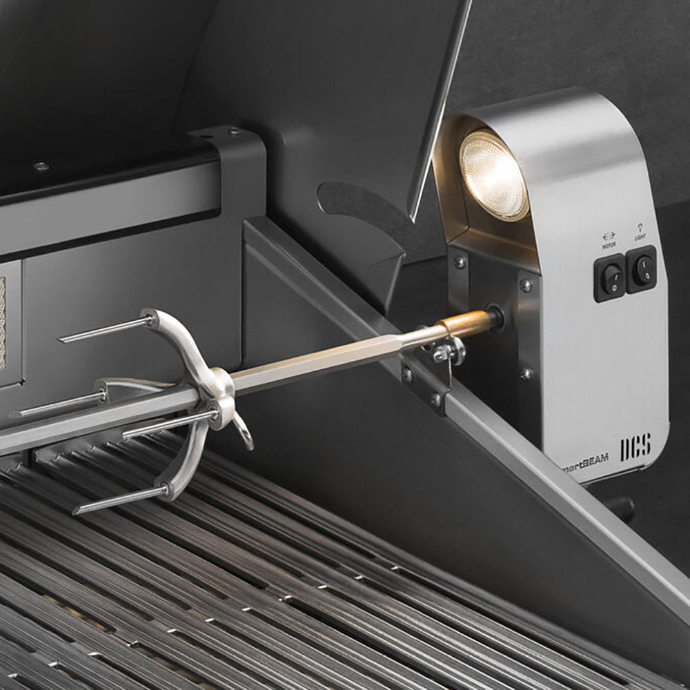 Rotisserie rod with forks mounted inside stainless steel grill cavity
