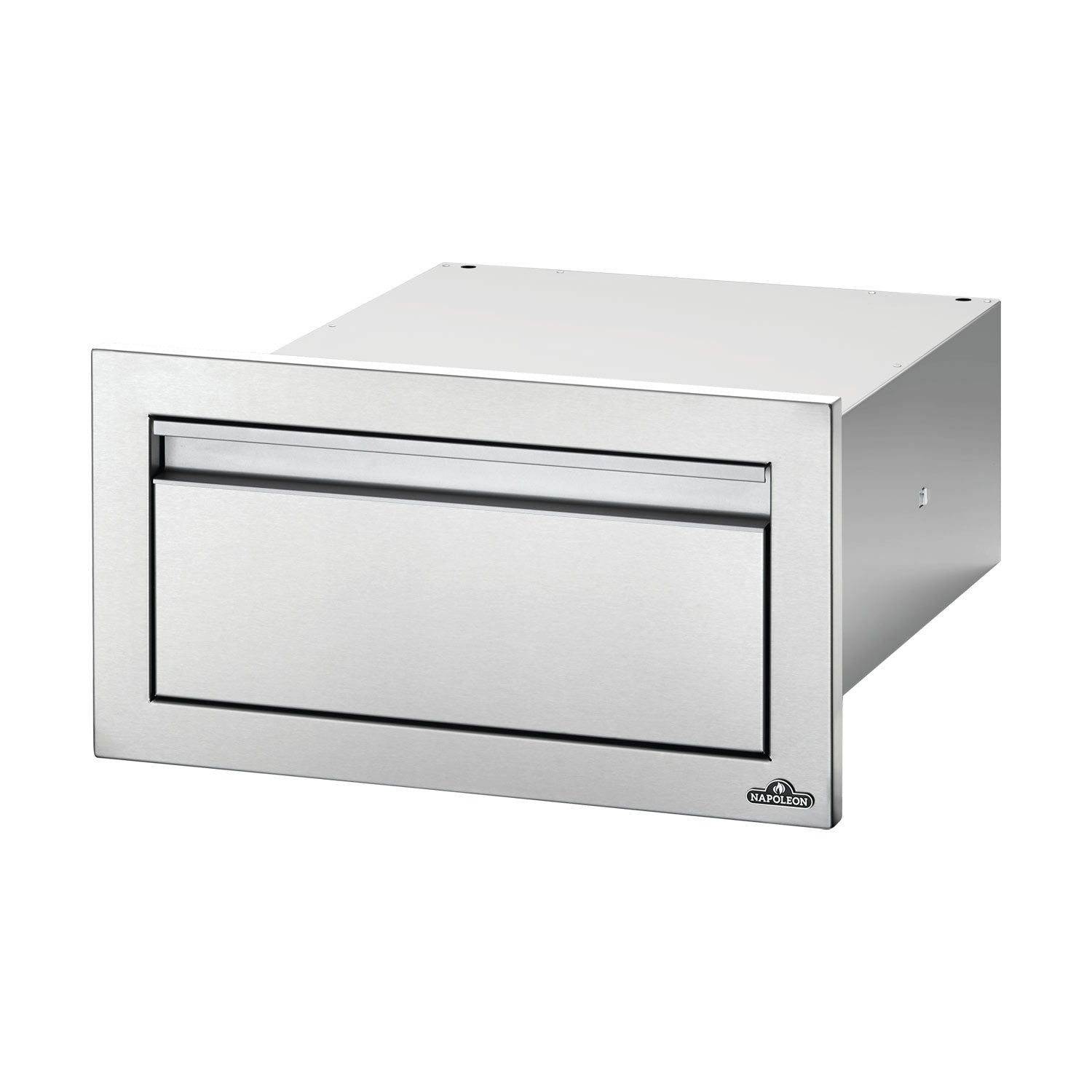 Silver single-drawer housing with front drawer panel and Napoleon logo