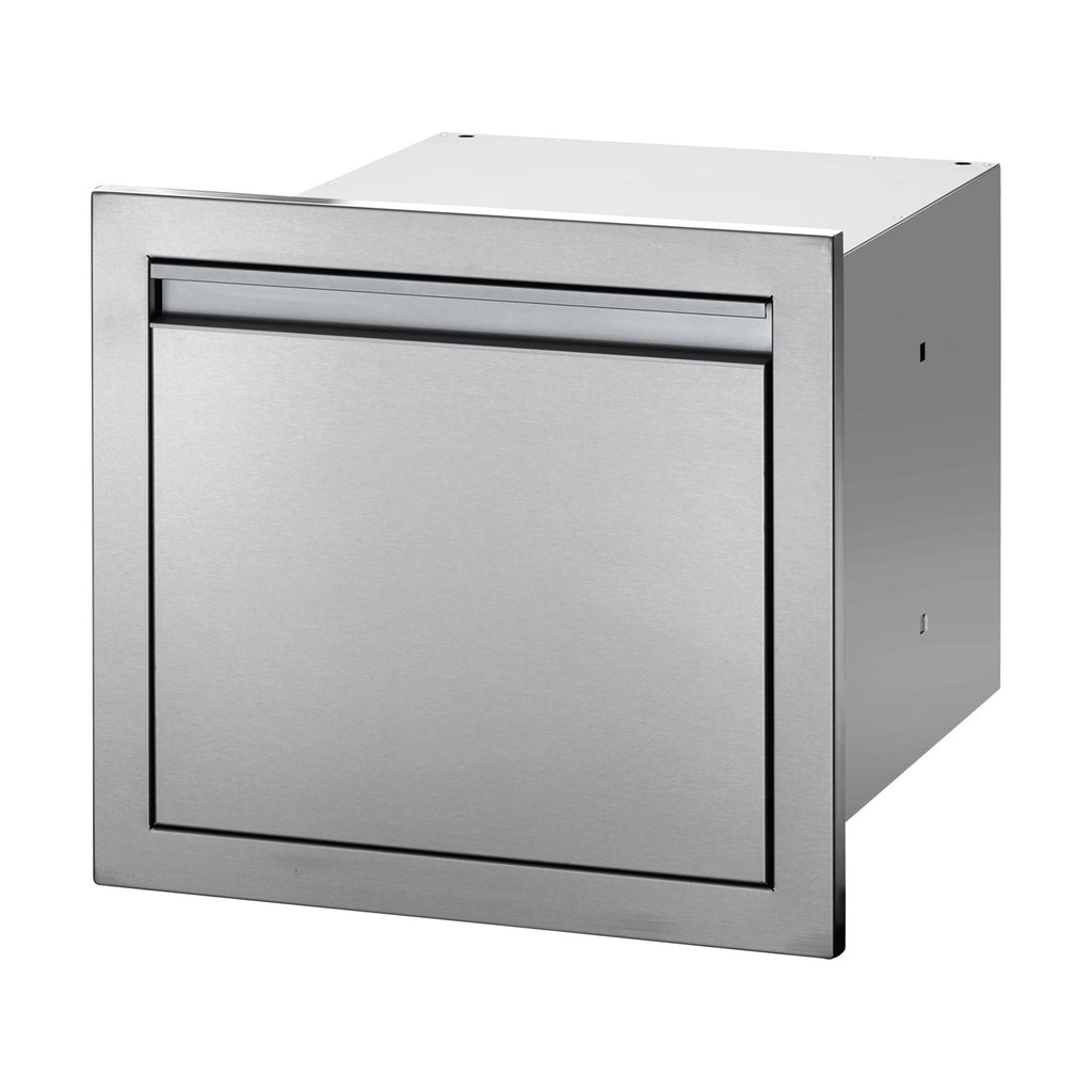 Napoleon single-drawer housing with square front panel and recessed handle, brushed metal