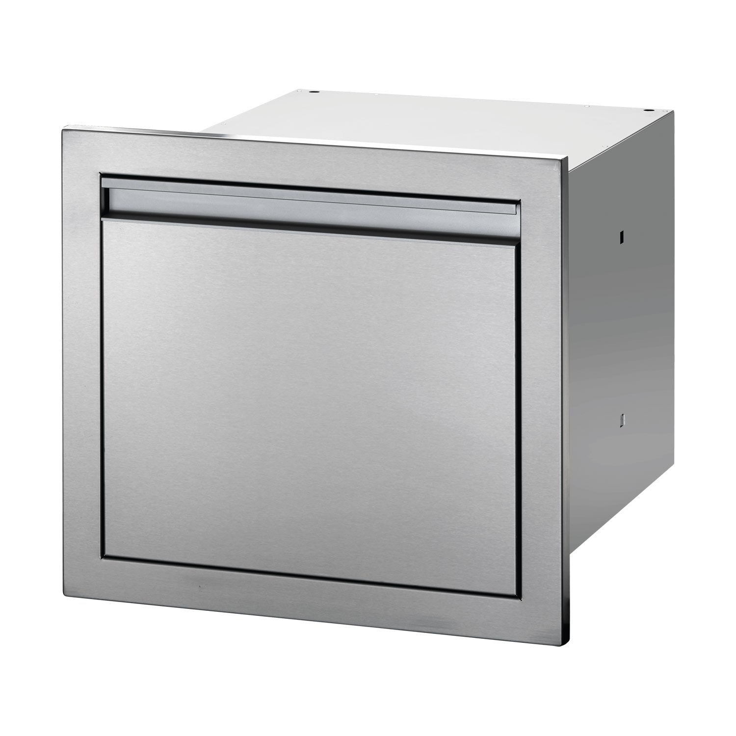 Napoleon single-drawer housing with square front panel and recessed handle, brushed metal