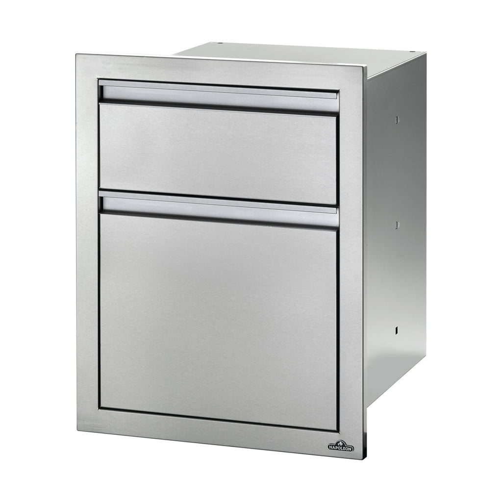 Metal drawer housing with two-tier front panels, silver finish, black trim
