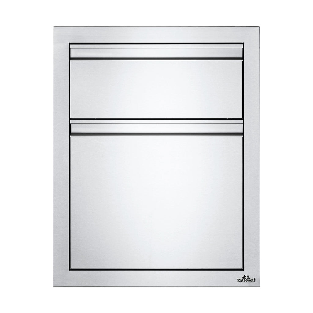 Front view of metal drawer housing, two stacked drawers, silver with black trim