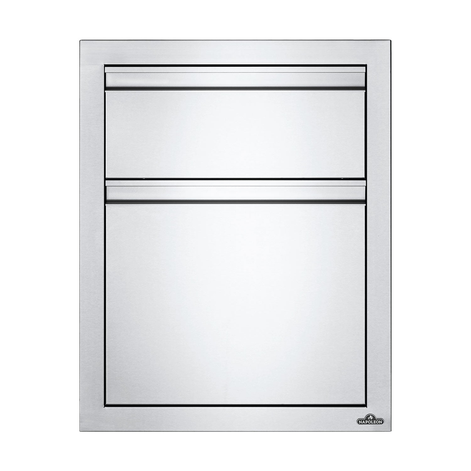 Front view of metal drawer housing, two stacked drawers, silver with black trim