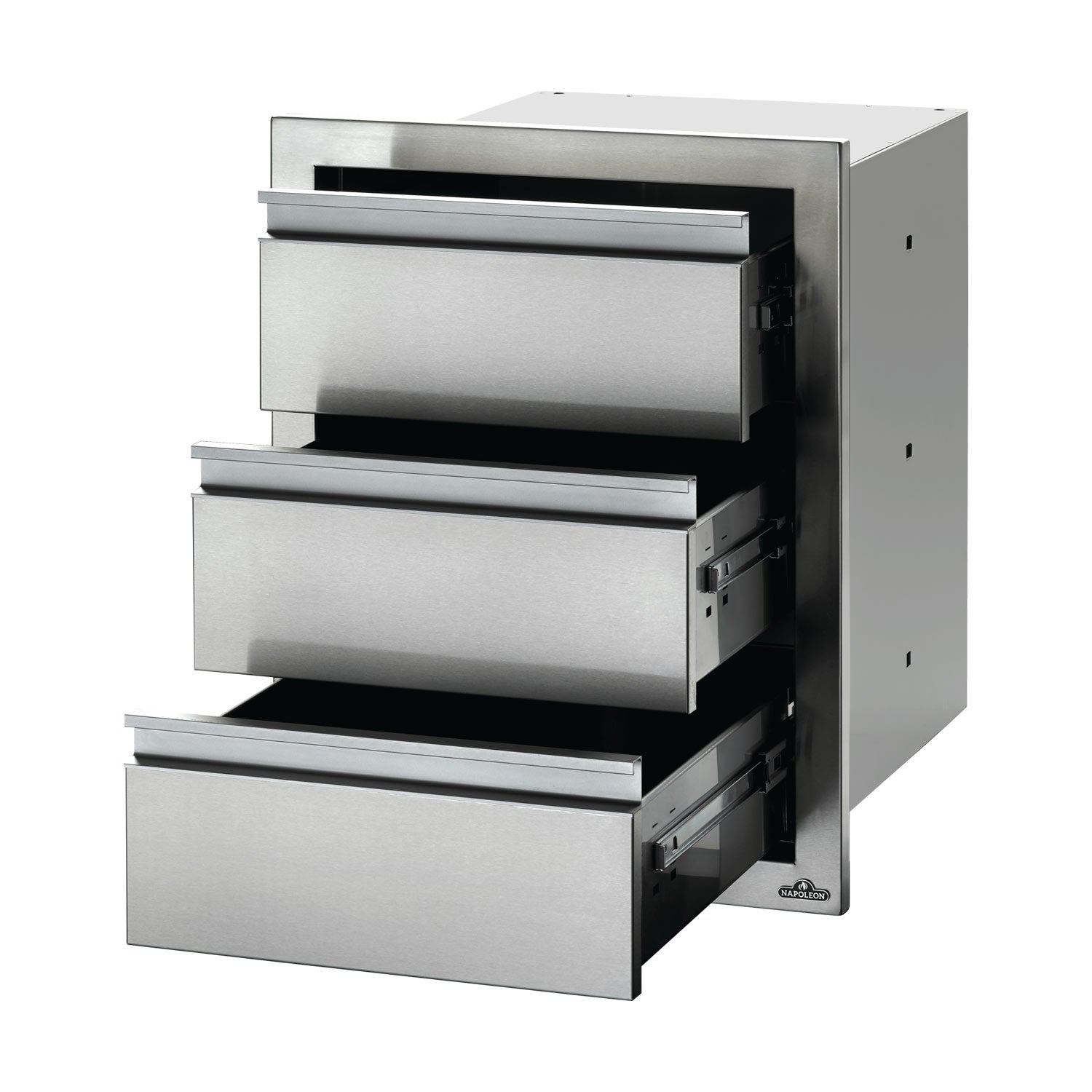 Metal triple-drawer housing with three drawers pulled out, showing sliding hardware